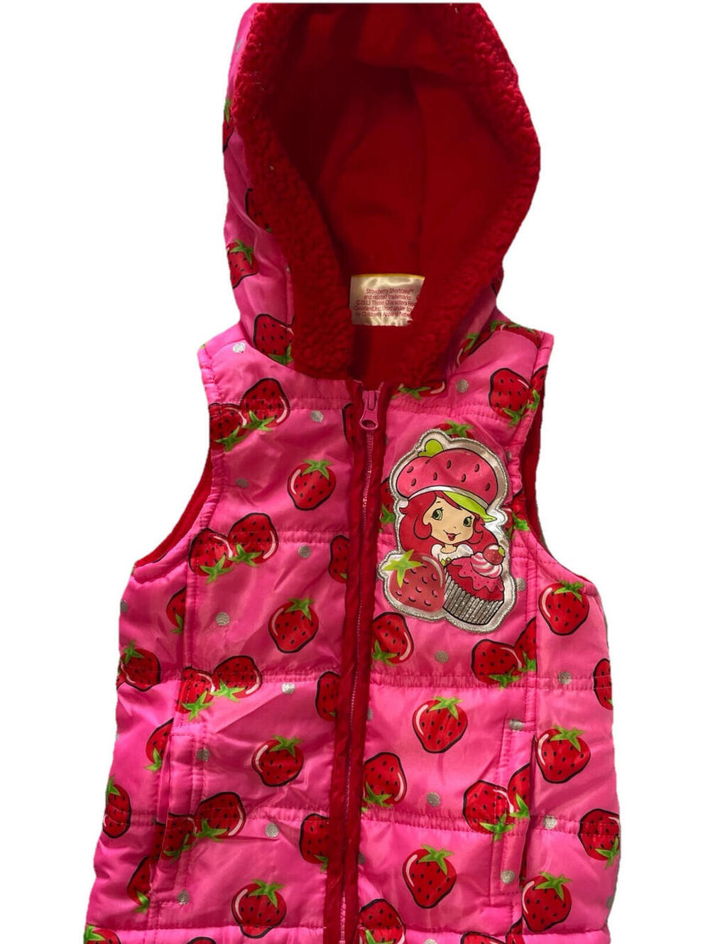 Strawberry Shortcake Child’s SZ 4 Puffer Vest with Hood Pink Red Fleece lined